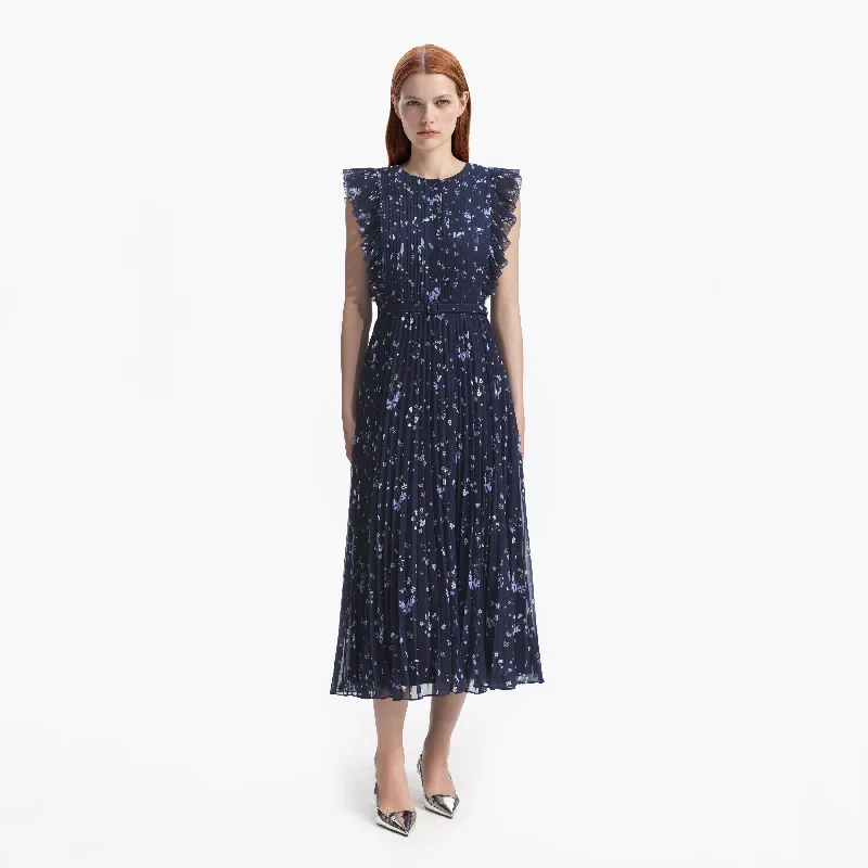 Rich-Wool Midi Dresses -Navy Floral Chiffon Midi Dress