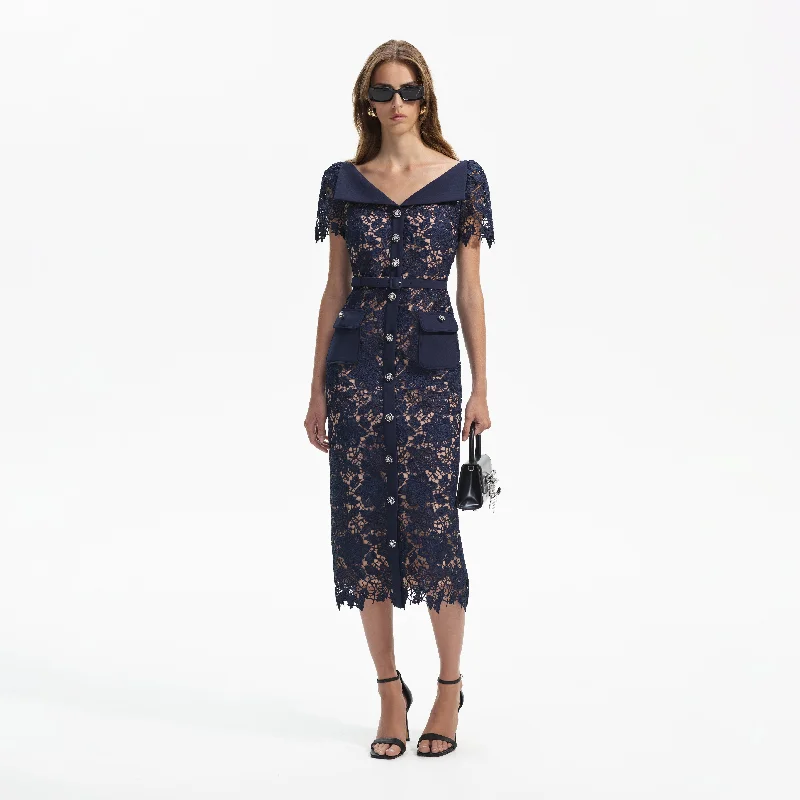 Midi Dresses for Fall Gatherings -Navy Lace Open Neck Midi Dress