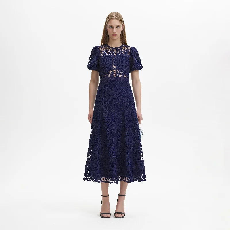 Sleek Midi Dresses for Class -Navy Lace Puff Sleeve Midi Dress