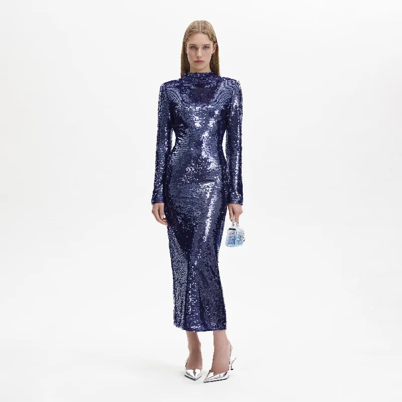 Back-Button Midi Dresses -Navy Sequin Midi Dress