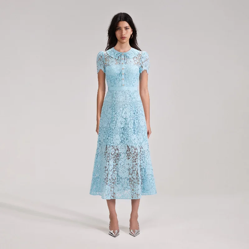 Shift-Edge Midi Dresses -Pale Blue Cord Lace Midi Dress