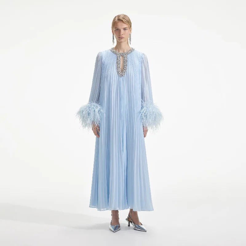 Midi Dresses for Spring Edge -Blue Chiffon Feather Midi Dress