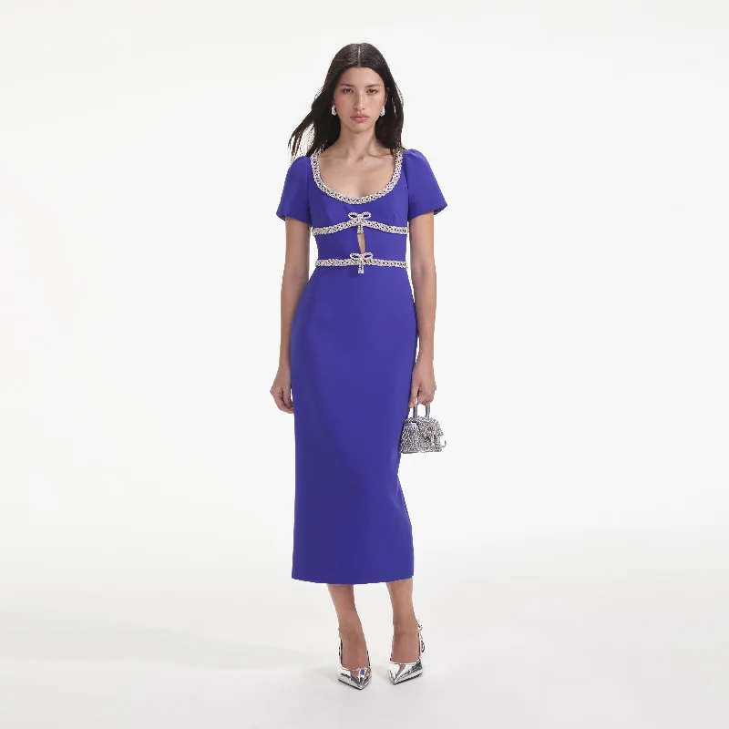 Thin-Velvet Midi Dresses -Blue Diamante Bow Trim Midi Dress