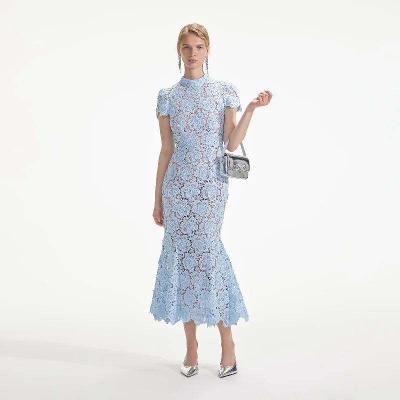 Layered-Edge Midi Dresses -Blue Flower Lace Midi Dress