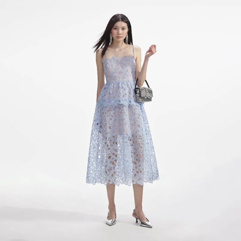 Fun-Edge Midi Dresses -Blue Organza Lace Midi Dress