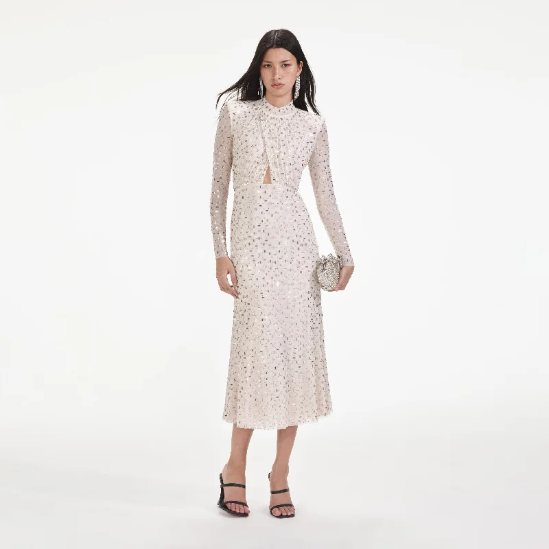 Midi Dresses for Roof Edge -Champagne Rhinestone Mesh Midi Dress