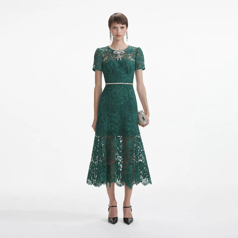 Midi Dresses for Daily Comfort -Green Lace Diamante Bow Midi Dress