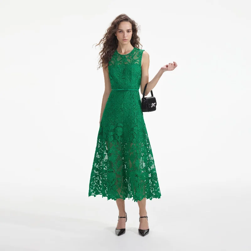 Sheer Midi Dresses for Layering -Green Lace Sleeveless Midi Dress