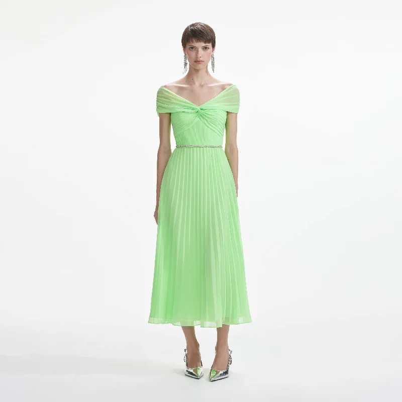 Midi Dresses for Bridesmaid Duties -Green Off Shoulder Chiffon Midi Dress