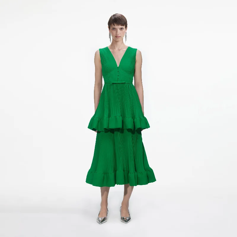 Midi Dresses for Theme Parties -Green Tiered Chiffon Midi Dress