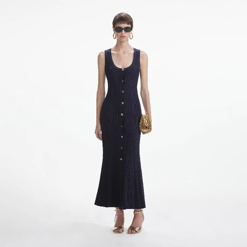 Midi Dresses for Patio Edge -Navy Viscose Knit Midi Dress