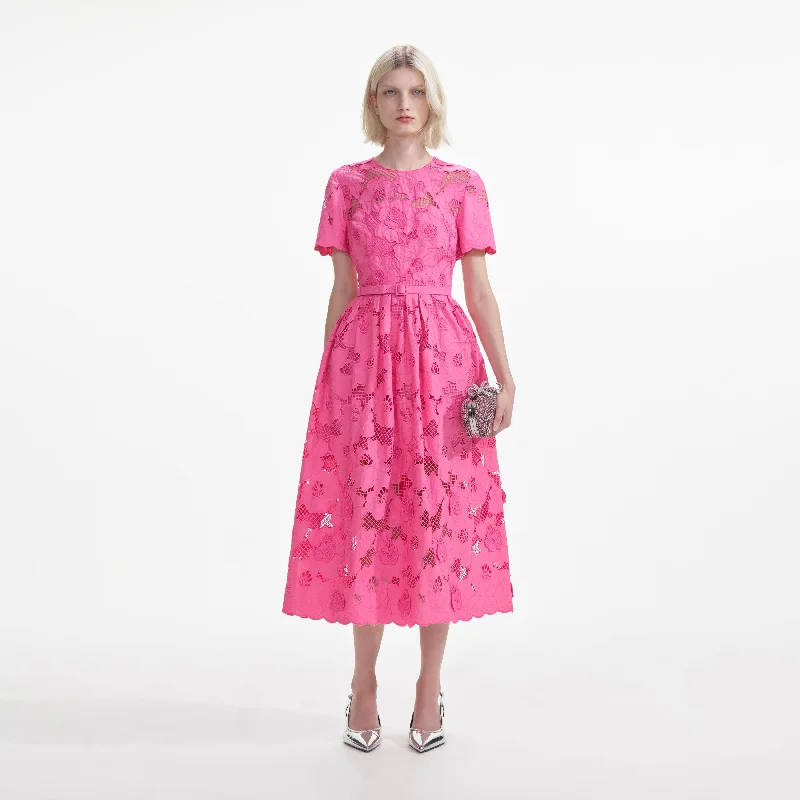 Mesh-Edge Midi Dresses -Pink Cotton Lace  Midi Dress