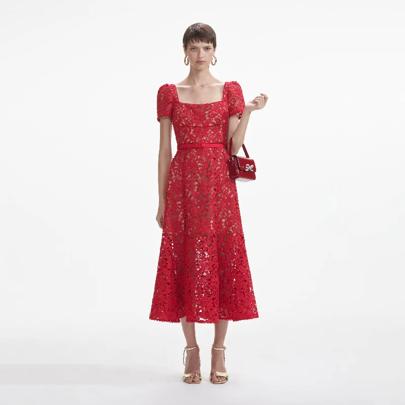 Ruffle-Front Midi Dresses -Red Floral Lace Midi Dress