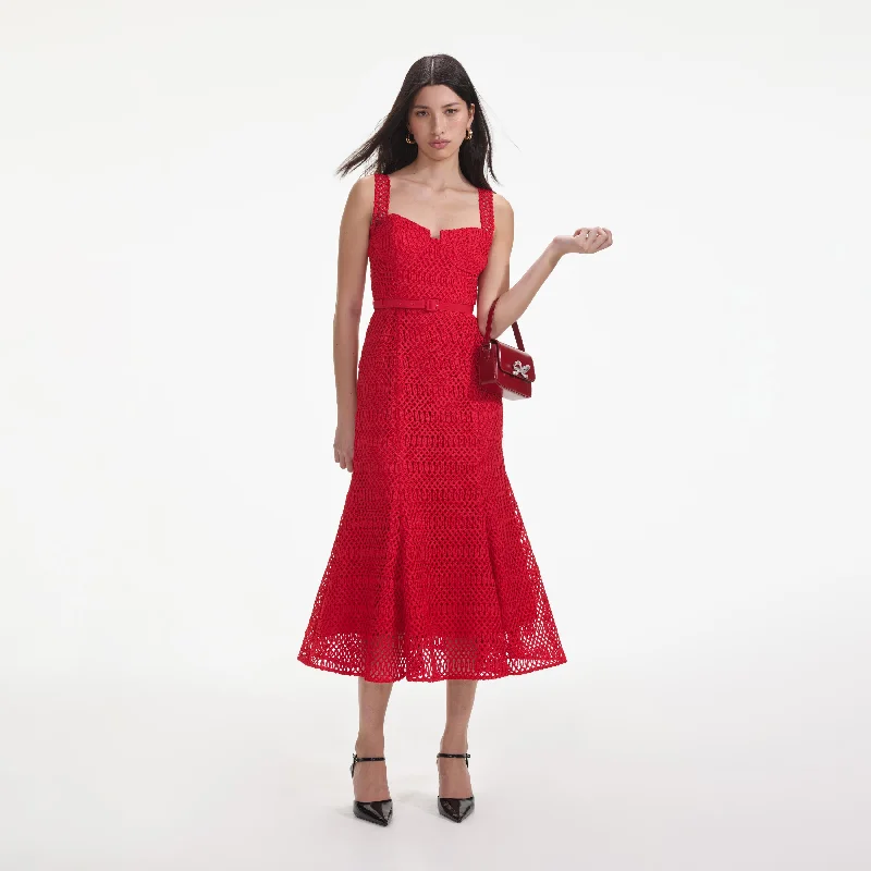 Cool-Velvet Midi Dresses -Red Lattice Lace Midi Dress