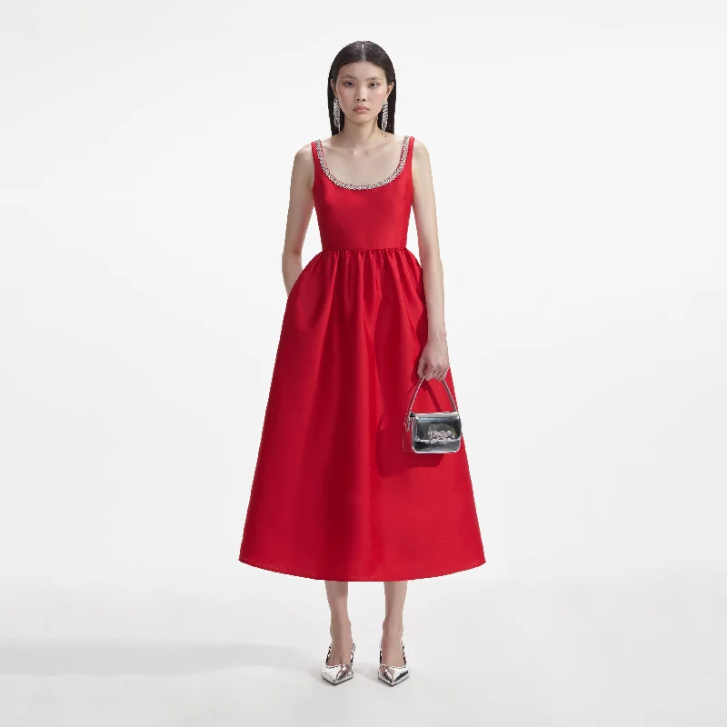 Midi Dresses for Patio Chill -Red Taffeta Diamante Midi Dress