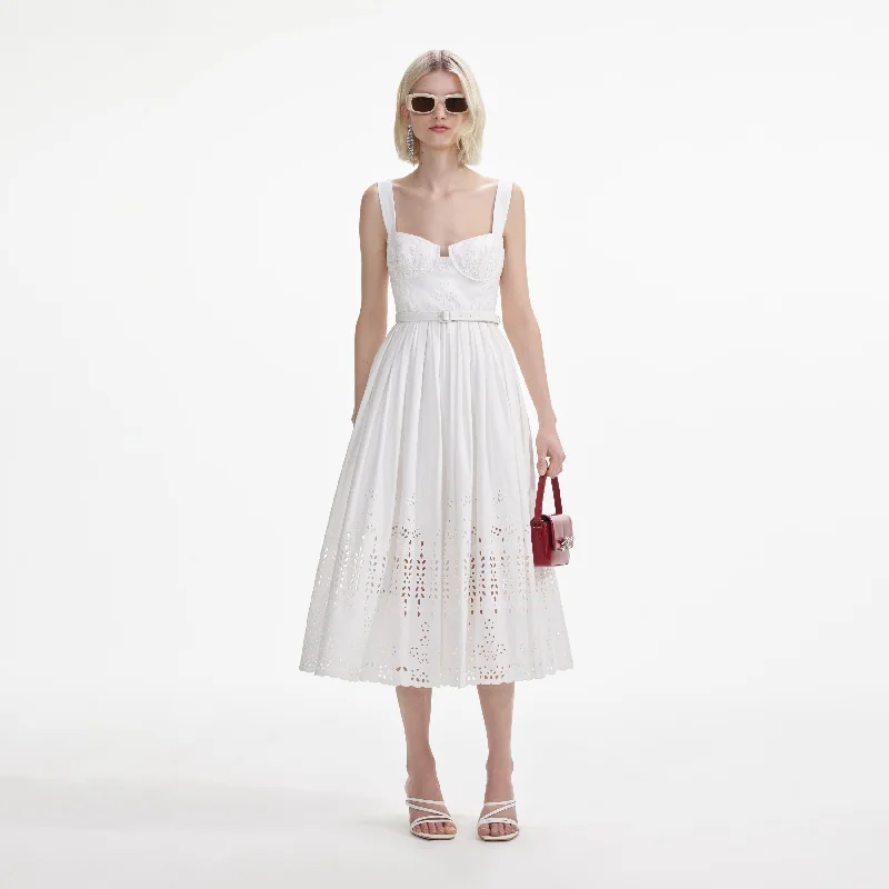 Rich-Cotton Midi Dresses -White Cotton Broderie Midi Dress