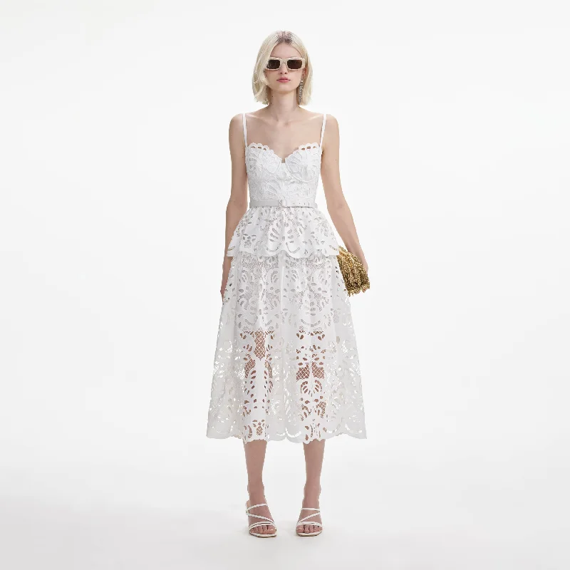 Soft-Cotton Midi Dresses -White Cotton Lace Tiered Midi Dress