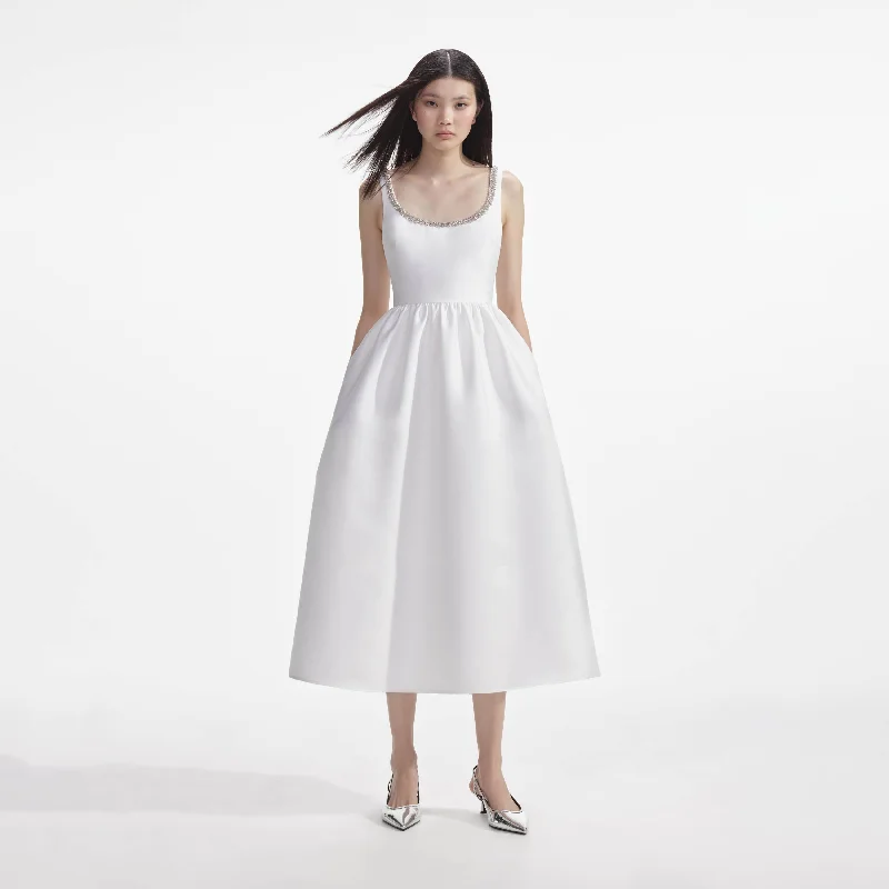 Midi Dresses for Pool Edge -White Taffeta Diamante Midi Dress