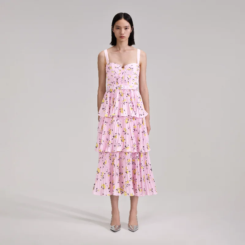 Flared-Top Midi Dresses -Pink Floral Print Tiered Midi Dress