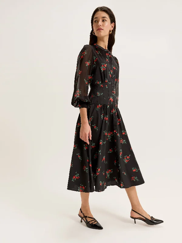 Cotton Midi Dresses for Light Wear -Posing Roses Shirtdress