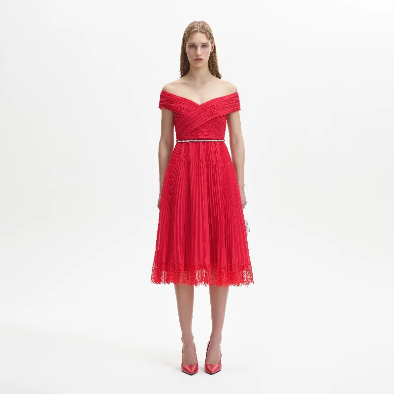 Flared-Edge Midi Dresses -Red Chiffon Off Shoulder Midi Dress