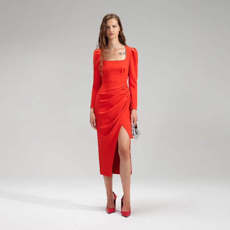 Midi Dresses for Night Chill -Red Crepe Ruched Midi Dress