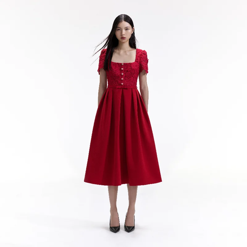 Elastic-Fabric Midi Dresses -Red Lace Crepe Midi Dress