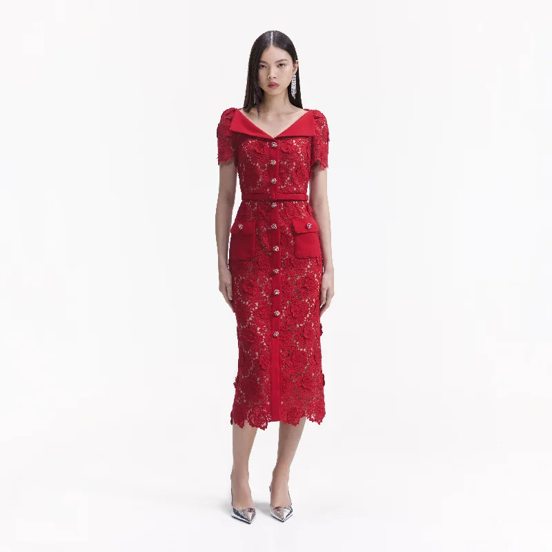 Loose-Hem Midi Dresses -Red Lace Open Neck Midi Dress