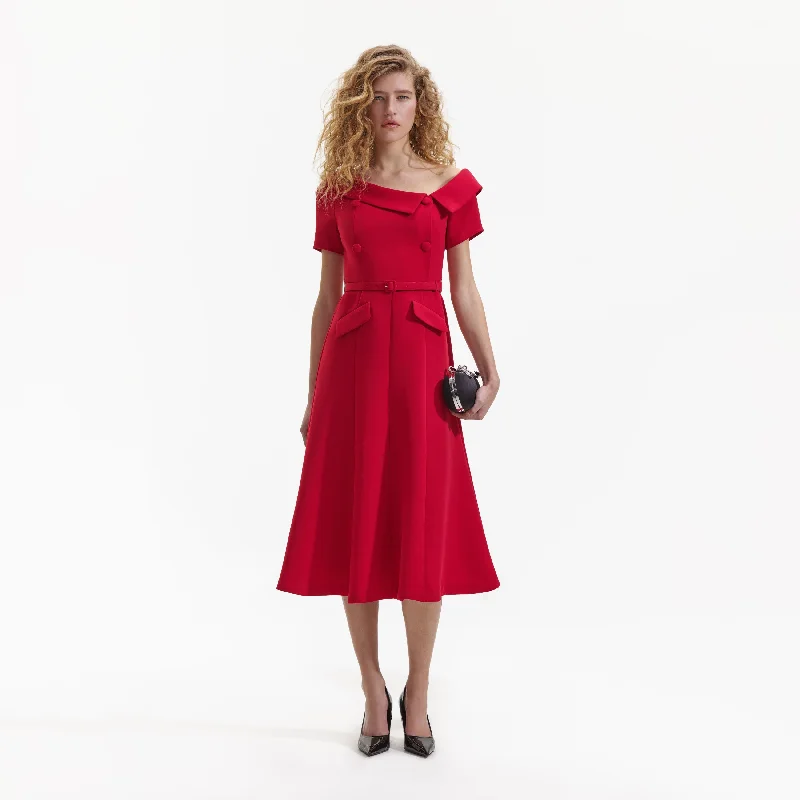 Thin-Chiffon Midi Dresses -Red Tailored Crepe Midi Dress