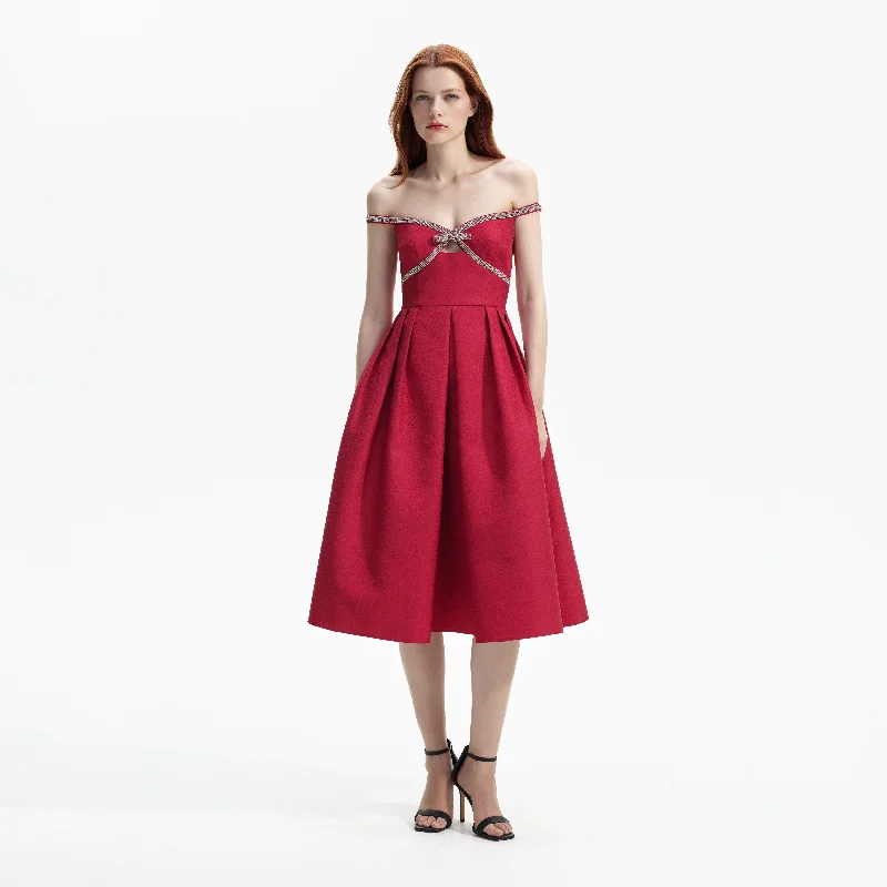 Side-Snap Midi Dresses -Red Textured Diamante Midi Dress