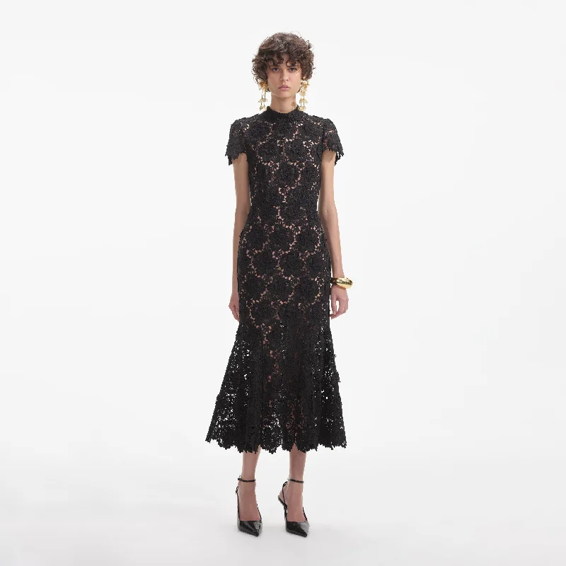 Light-Cotton Midi Dresses -Black Flower Lace Midi Dress