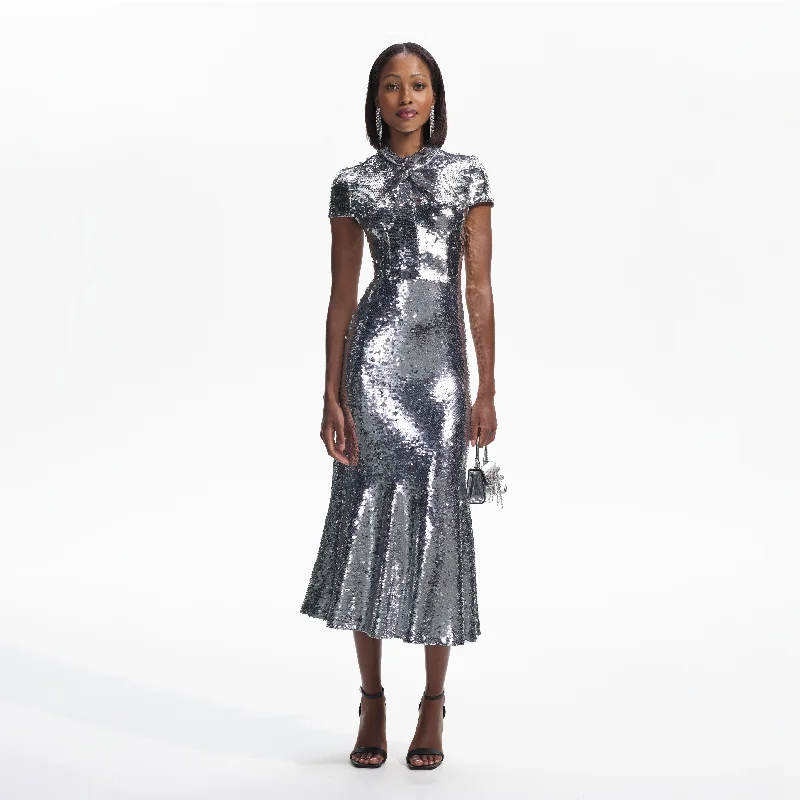 Midi Dresses for Fall Brunches -Silver Sequin Twist Neck Midi Dress