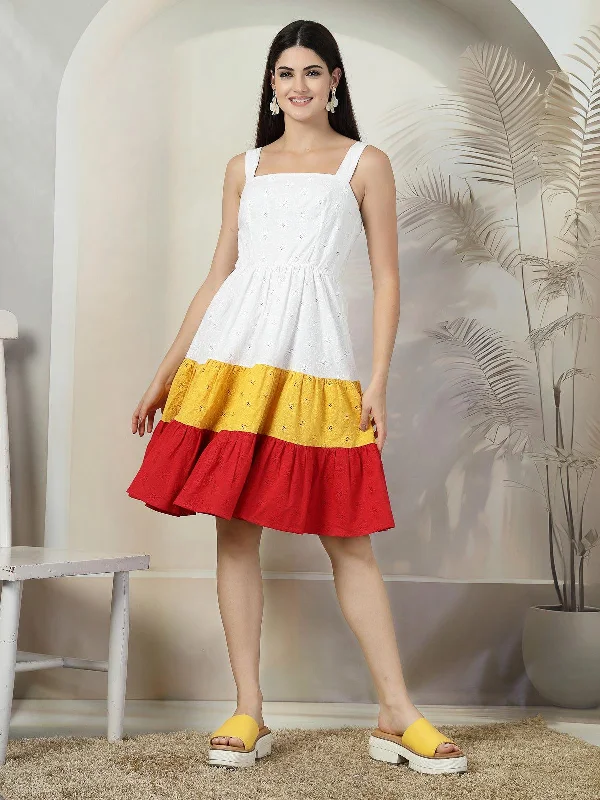 Tropical Midi Dresses for Fun -SMERA MART Women's Sleeveless A Line Midi Schiffli Cotton Dress - White & Red