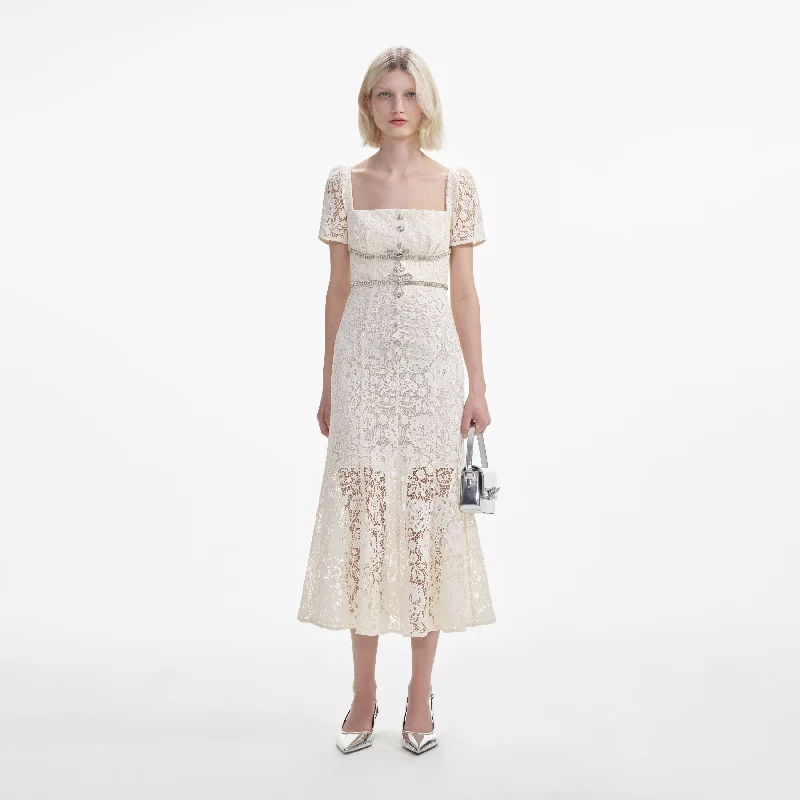 Button-Accent Midi Dresses -Cream Lace Diamante Bow Midi Dress