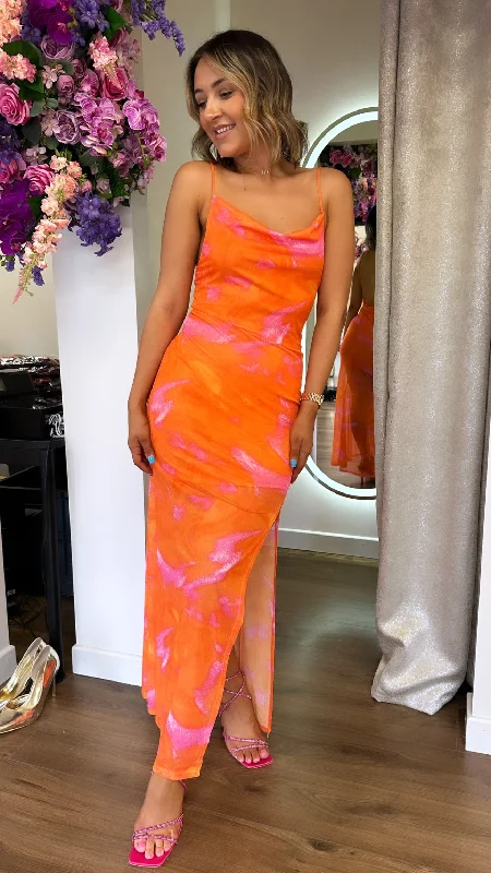 Sheer Midi Dresses for Layering -Stacie Orange & Pink Tie-Dye Print Midi Dress