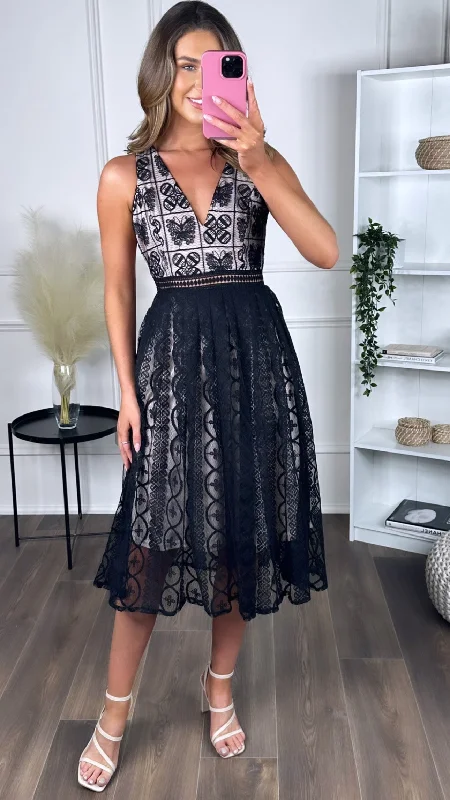 Smocked-Bodice Midi Dresses -Tamera Black Crochet Detailing Midi Dress