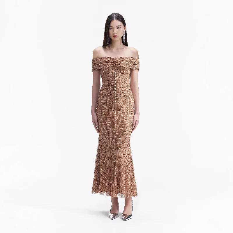 Mesh-Layer Midi Dresses -Tan Rhinestone Midi Dress