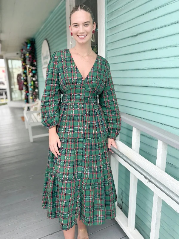 Fine-Cotton Midi Dresses -The Jace Plaid Midi Dress-Green