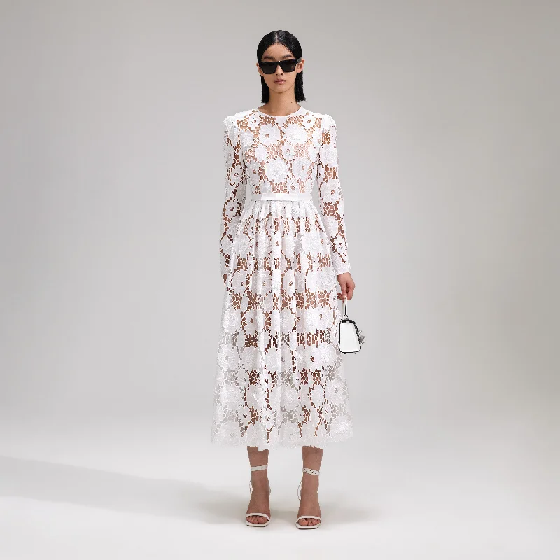 Plush-Silk Midi Dresses -White 3D Cotton Lace Midi Dress