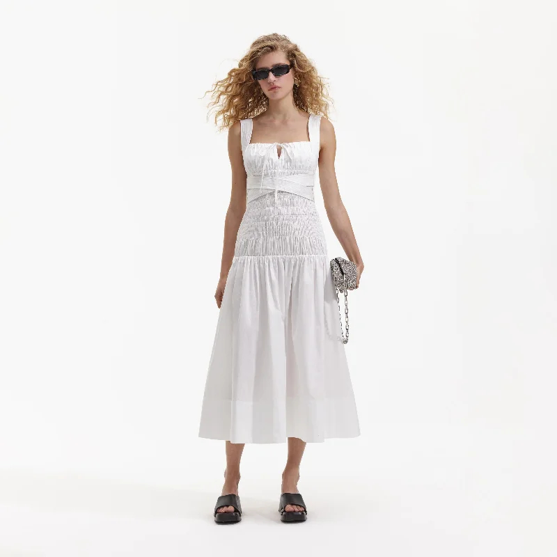 Cross-Top Midi Dresses -White Cotton Sweetheart Midi Dress