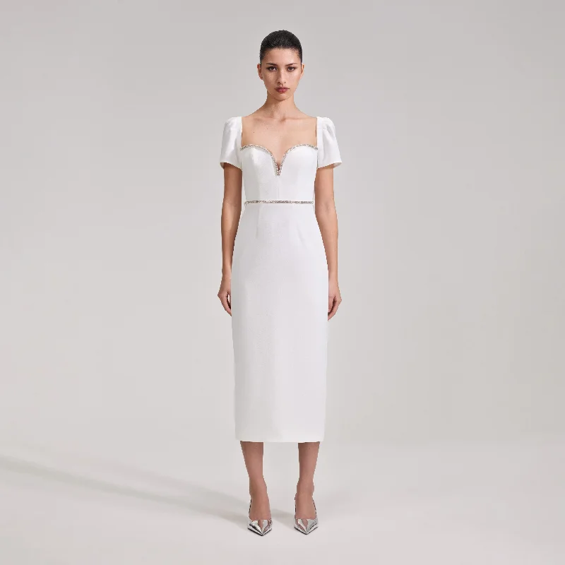 Side-Ruffle Midi Dresses -White Diamante Trim Split Midi Dress