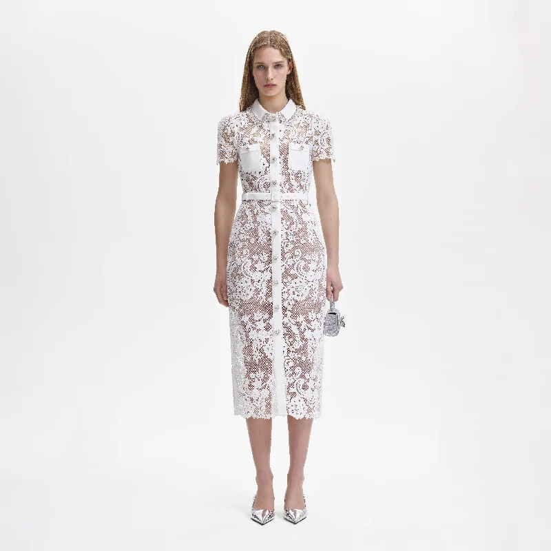 Pure-Velvet Midi Dresses -White Lace Button Front Midi Dress