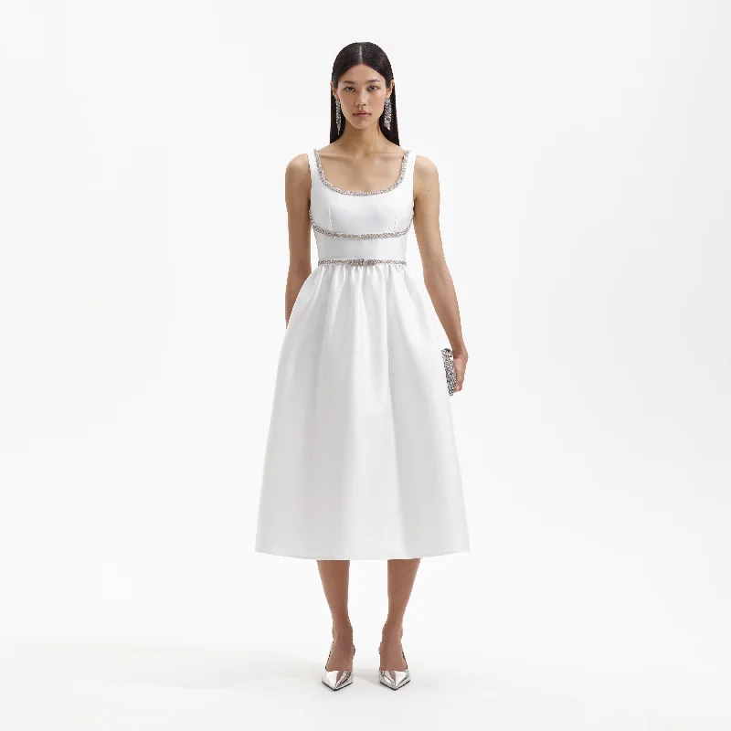 Wild-Cotton Midi Dresses -White Taffeta Diamante Bow Midi Dress