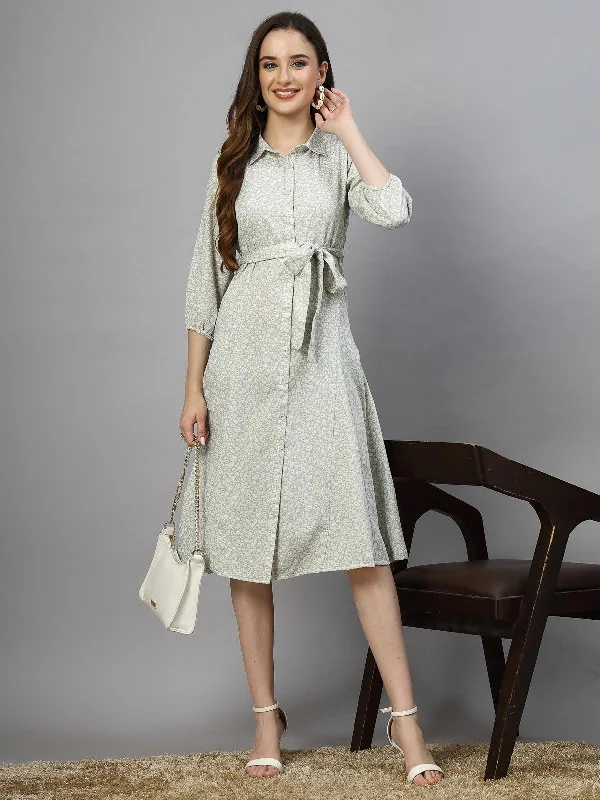 Midi Dresses for Night Dinners -SMERA MART Women's 100% Polyester Collar Neck Half Sleeve Printed Midi Shirt Dress - Mint Green