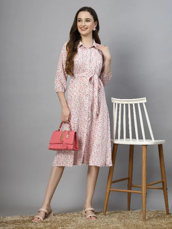 Midi Dresses for Evening Drinks -SMERA MART Women's 100% Polyester Collar Neck Half Sleeve Printed Midi Shirt Dress - Pink