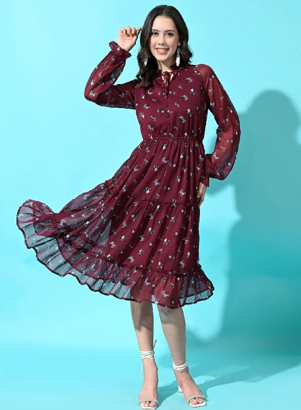 Wide-Sleeve Midi Dresses -SMERA MART Women's Maroon Floral Print Chiffon 3 Tiered Ruffle Calf-Length Midi Dress