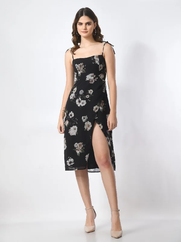 Midi Dresses for Vineyard Visits -SMERA MART Women's Stylish Black Floral A Line Knee Length Dress