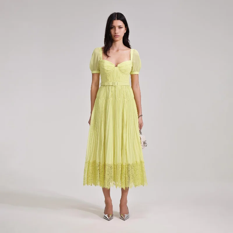 Light-Silk Midi Dresses -Yellow Chiffon Lace Detail Midi Dress